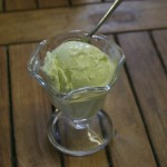 A single scoop of avocado ice cream in a glass dish.