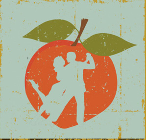 Logo - Peaches and Tango Graphic illustration featuring a peach with a cut-out silhouette of tango dancers.