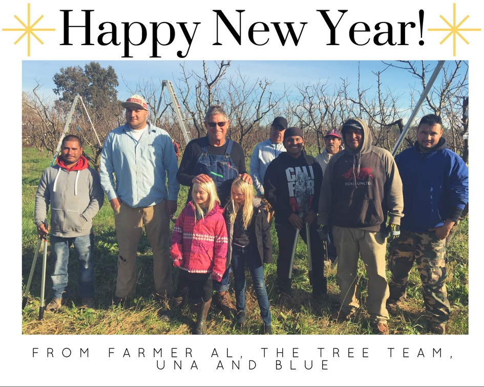Happy New Year from Farmer Al, the Tree Team, Una, and Blue