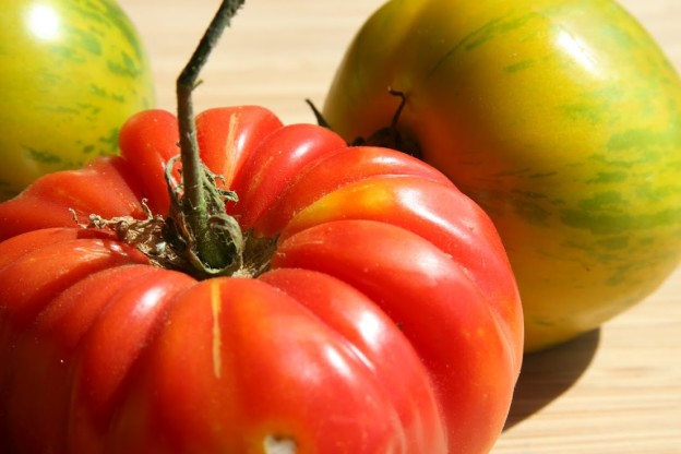 Closeup view of a rich red heirloom tomato with smaller green striped tomatoes in the background