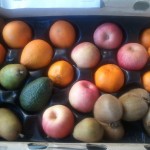 CSA Box filled with satsumas, kiwis, apples, pears, and an avocado.