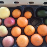 CSA Box filled with oranges, apples, avocados, and a grapefruit.