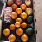 CSA box filled with oranges, apples, avocados, and a small bag of dried plums.
