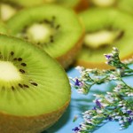 Closeup photo of kiwi slices on a blue table with a sprig of flowers.